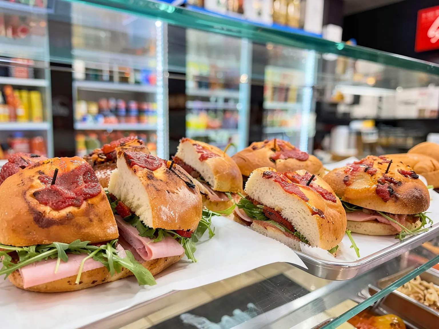 Panini on tomato-topped rolls with ham, arugula and roasted peppers in the deli case