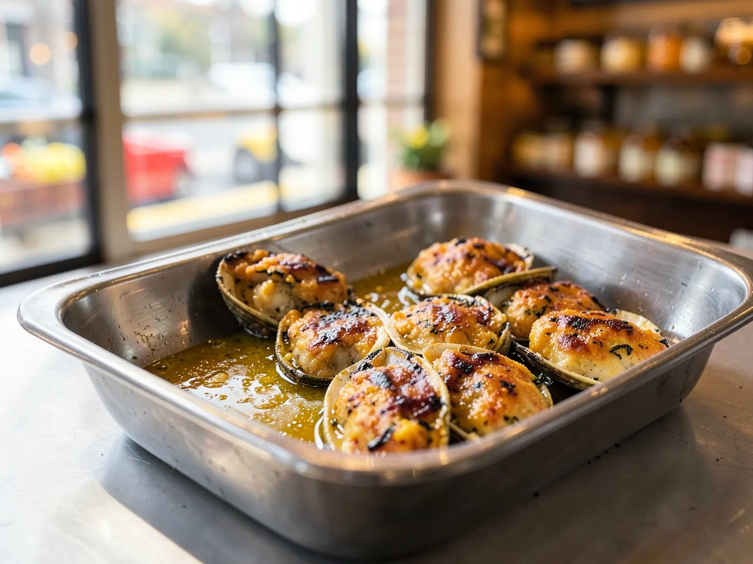 Baked clams with seasoned breadcrumbs in garlic butter broth