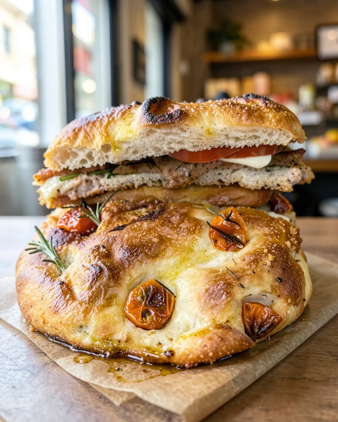 Chicken cutlet, tomato and fresh mozzarella on focaccia, over a slab of cherry tomato focaccia