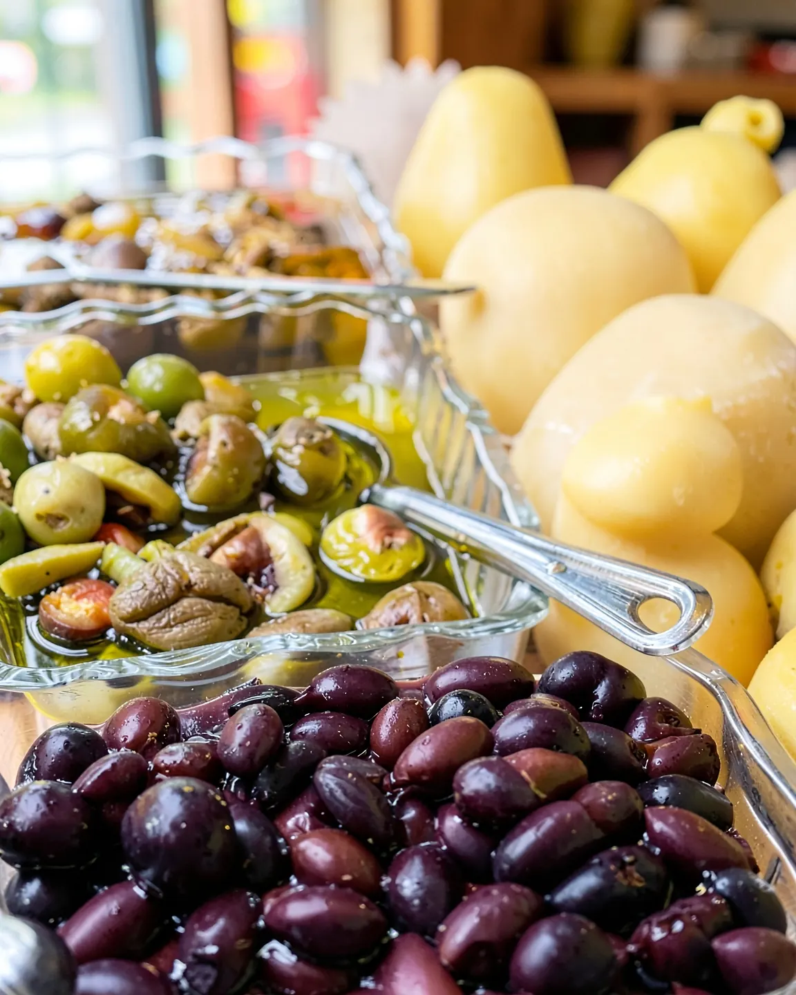 Kalamata and green olives, marinated mushrooms and provolone at the deli counter