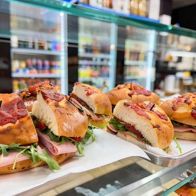 Panini on tomato-topped rolls with ham, arugula and roasted peppers in the deli case