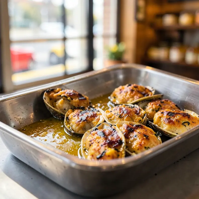 Baked clams with seasoned breadcrumbs in garlic butter broth