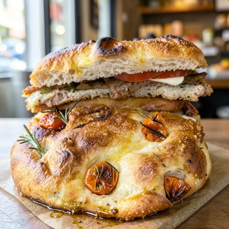 Chicken cutlet, tomato and fresh mozzarella on focaccia, over a slab of cherry tomato focaccia