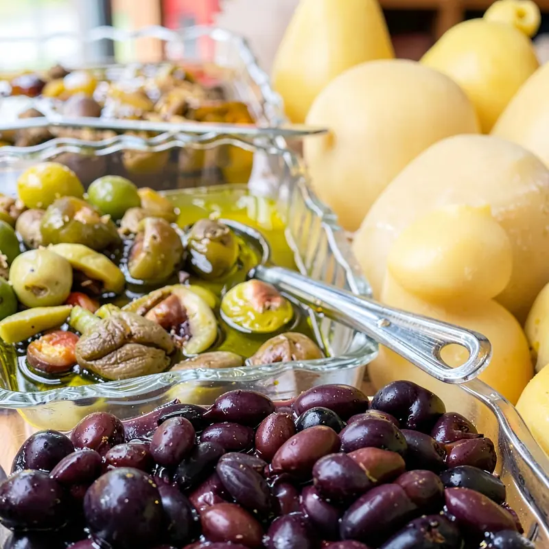 Kalamata and green olives, marinated mushrooms and provolone at the deli counter