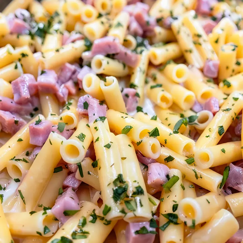 Penne with diced ham in a cream sauce, finished with parsley
