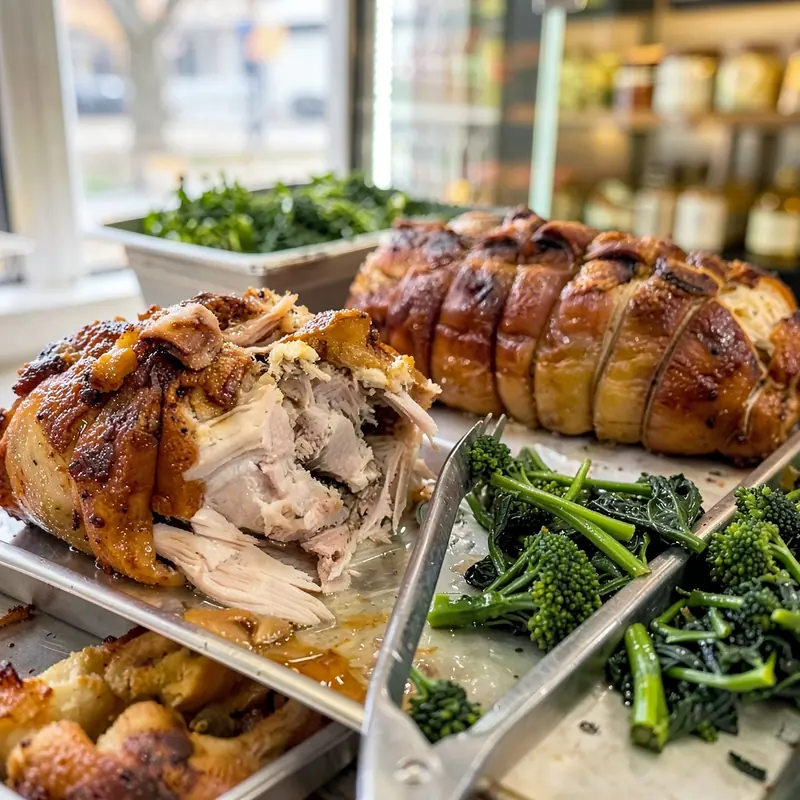 Rolled porchetta with golden crackling, one end pulled open, beside a tray of broccoli rabe