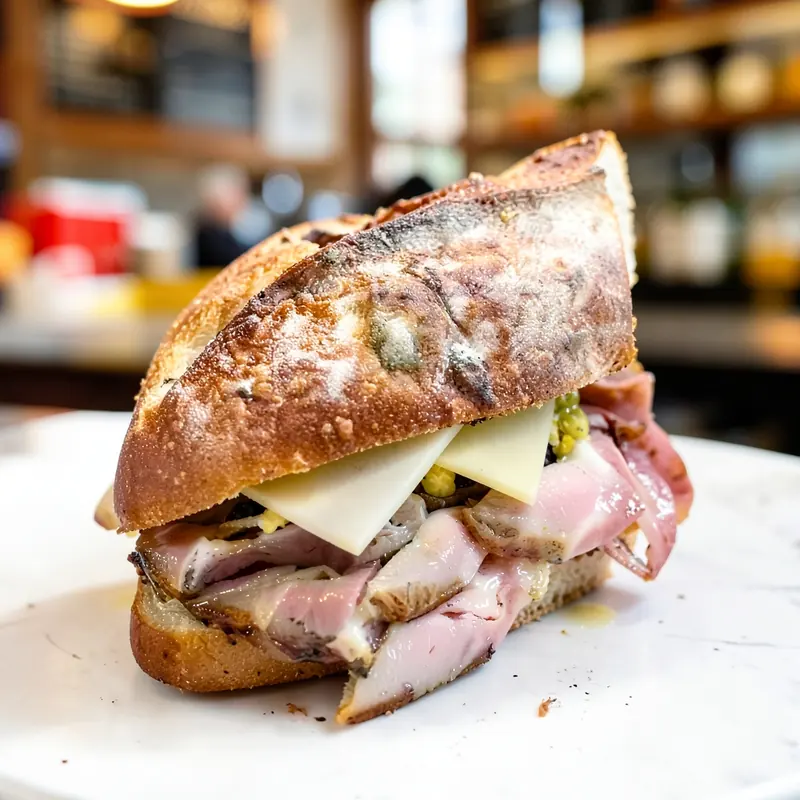 Roast pork and provolone sandwich on a crusty Italian loaf, cut in half
