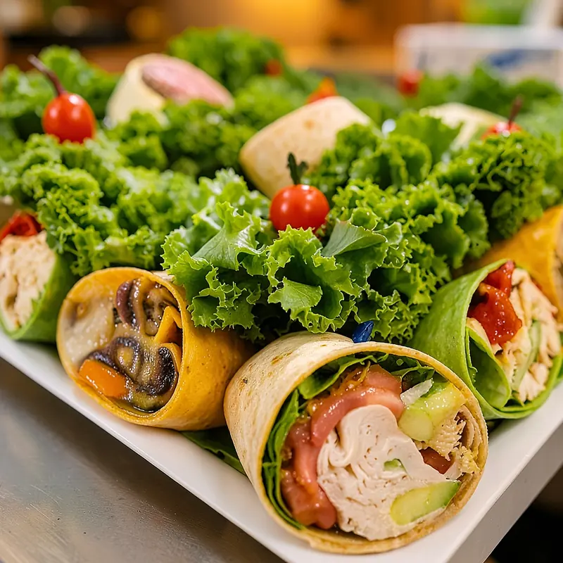 Catering platter of halved wraps in plain, spinach and tomato tortillas on a bed of kale, with cherry tomatoes