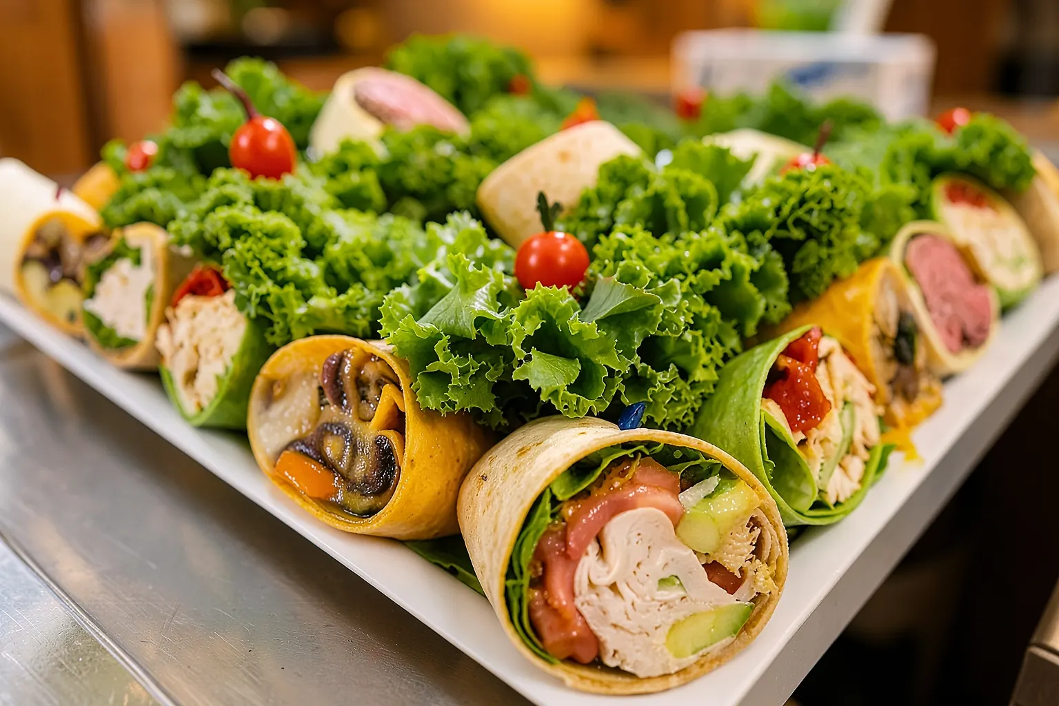 Catering platter of halved wraps in plain, spinach and tomato tortillas on a bed of kale, with cherry tomatoes